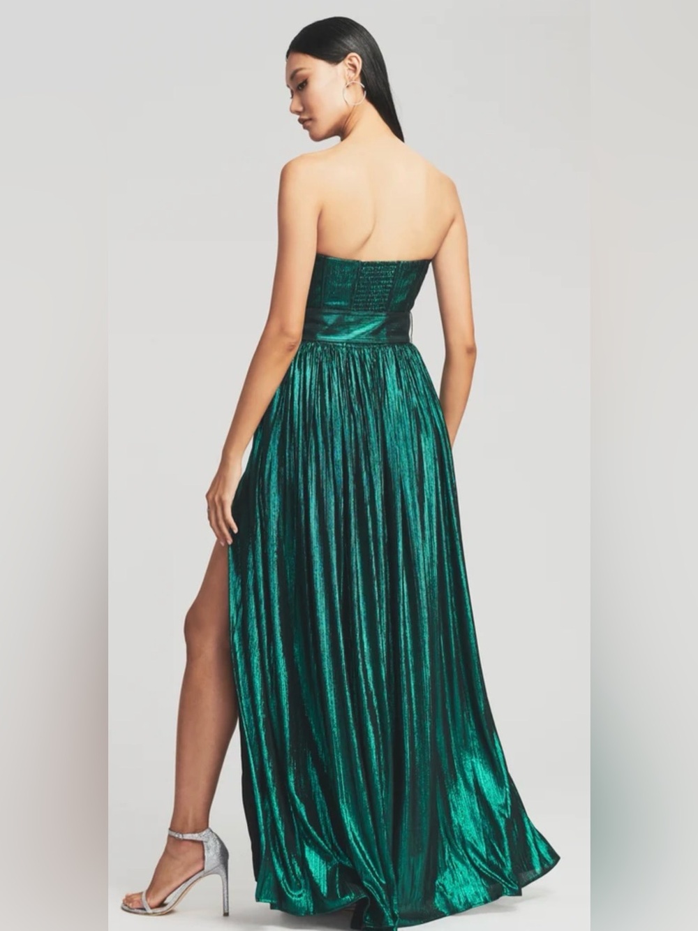 Retrofete Shimmery Emerald Strapless High-Slit Maxi Dress with Belt - Picture 6 of 15